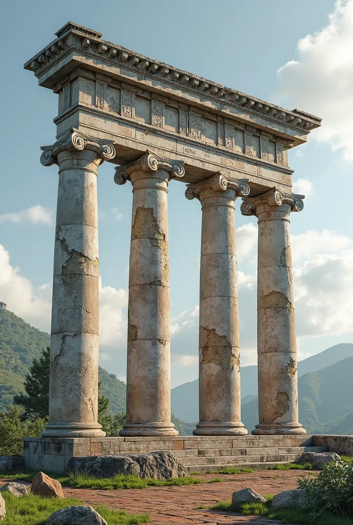 Create an image of a horizontal pillar (with 1-Prayer; 2-Fasting; 3-Worship; 4- Bible study; 5-Preach the Gospel, written on it), supported by 4 pillars, namely: 'one on each pillar. Give the pillars an ancient Roman look, but the writing should be in Port...