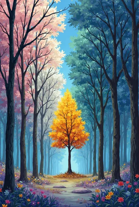 Create an image, a cartoon, that has a beautiful landscape with many trees, but that there is only one tree among all those black and white trees and the other half with the yellow and green trunk, blue, purple, white and red leaves.