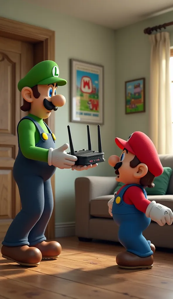 "Ultra-realistic 8K render of Luigi entering the scene, holding a router and looking at Mario with an 'I told you so' expression. Mario is still screaming in frustration. The room features a simple living room setup with a sofa, gaming posters on the walls...