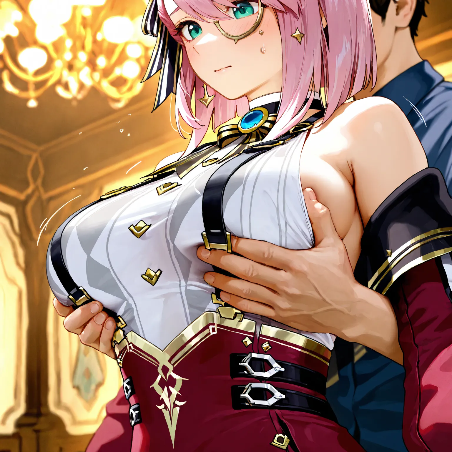 masterpiece, best quality, charlotte(Genshin), 1 boy, boy grabs girl's chest from behind, Fully Clothed, breast shaking, Rub girl boobs from the top, intricate details, photorealistic, 8K, hyper-realistic, vivid colors, studio lighting, physically-based re...