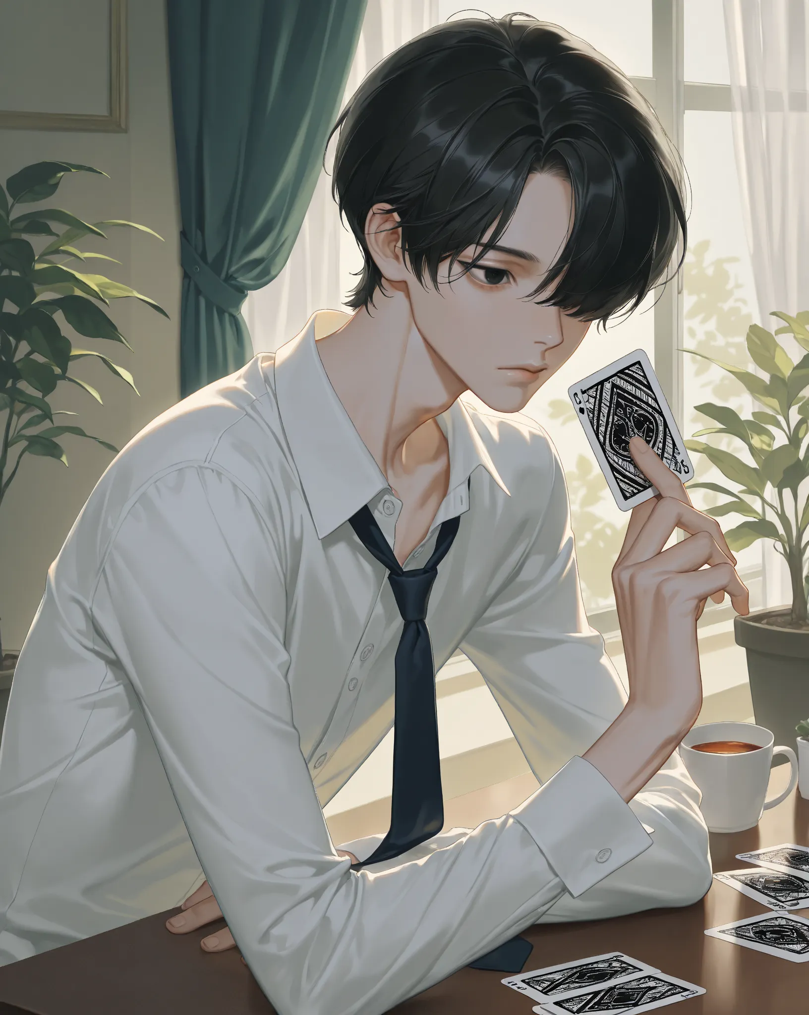 solo, short hair, black hair, long sleeves, 1boy, hair over one eye,bishounen,skinny,lips,portrait, closed mouth,school uniform,necktie, white shirt, upper body, male focus, collared shirt, indoors, black eyes, cup, window, table, curtains, potted plant, p...