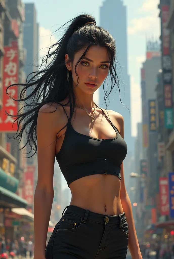 A beautiful black-haired woman in a ponytail with yellow eyes, wearing a short black top and black pants,  in the background a city "realistic image quality 