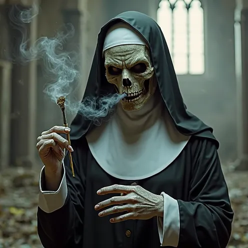 Create a logo of a competitive E-SPORTS team where the team's image is represented by a nun with an evil face, smoking marijuana, The background being a blurry abandoned church, Put the name of the team in front of it being DNC