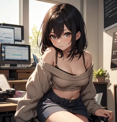 medium hair, shoulder length, black hair, hair between eyes, looking at the camera, cowboy shot, mini skirt, in the office, sit on chair, nervous, 15years old, cowboy shot, brown eyes, sweater, sweater lift, ソロ, a Japanese girl, belly button, bra