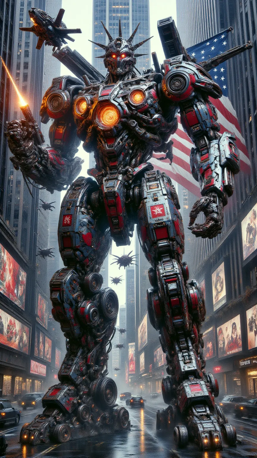 An imposing Transformer called 'Liberty Mech' stands in Times Square, that embodies American strength and . Its enormous structure is painted red, white, and blue, with shiny star-shaped emblems on the chest. The torch of the Statue of Liberty is integrate...