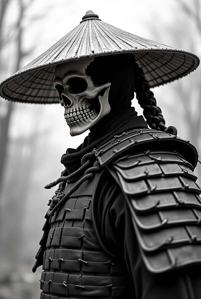 A skull-faced samurai warrior wearing a straw hat and samurai armor. Hyper-detailed in black and white, meticulously shaded to capture realistic depth, soft light reflections, and high-contrast realism. The background fades into atmospheric shading or subt...