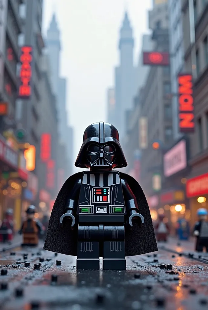 darth vader lego  in the city with chaotic scene