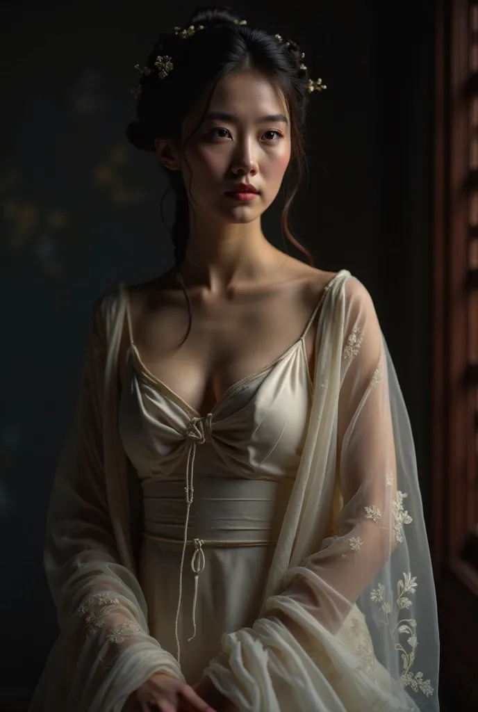 Imagine a captivating scene featuring a Chinese woman illuminated by dim, soft light, which creates an intimate and mysterious atmosphere. Her skin is well-detailed, with a smooth, porcelain-like quality that subtly glows in the low light. She is dressed i...