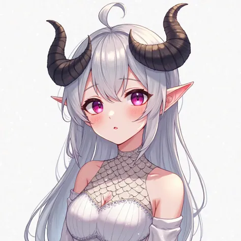 a drawing of a woman with horns on her head, white horns, white horns queen demon, demon white horns, black horns, scales covering her chest, horns and red eyes, purple eyes and white dress, cute horns, clean detailed anime art, demon anime girl, cute anim...