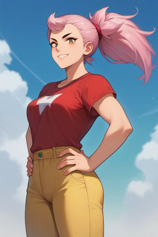 score_9, score_8_up, score_7_up, source_anime, solo, 1girl, bsjanet, smile, looking at viewer, hands on hips, ponytail,A small red t-shirt ,pants small yellow