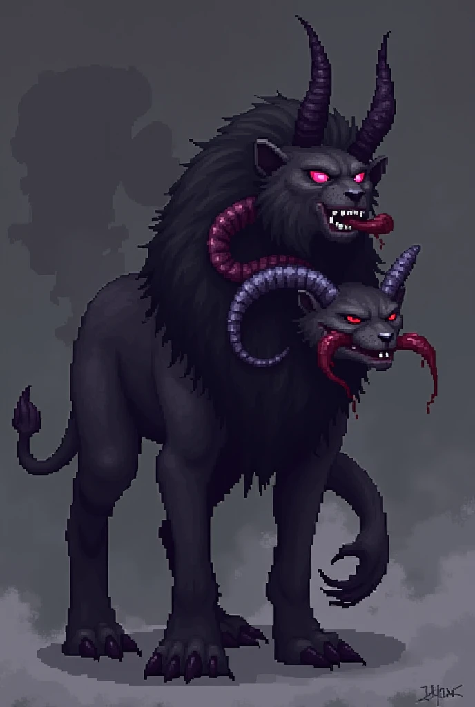 🌑  Visual Description :
A terrifying creature with a dark, misty body, as if it were made of living shadows. Its shape is a mixture of several beasts, with a menacing and sinister appearance.

👁 Head and eyes :
It has three heads:

Lion's head with dark ma...