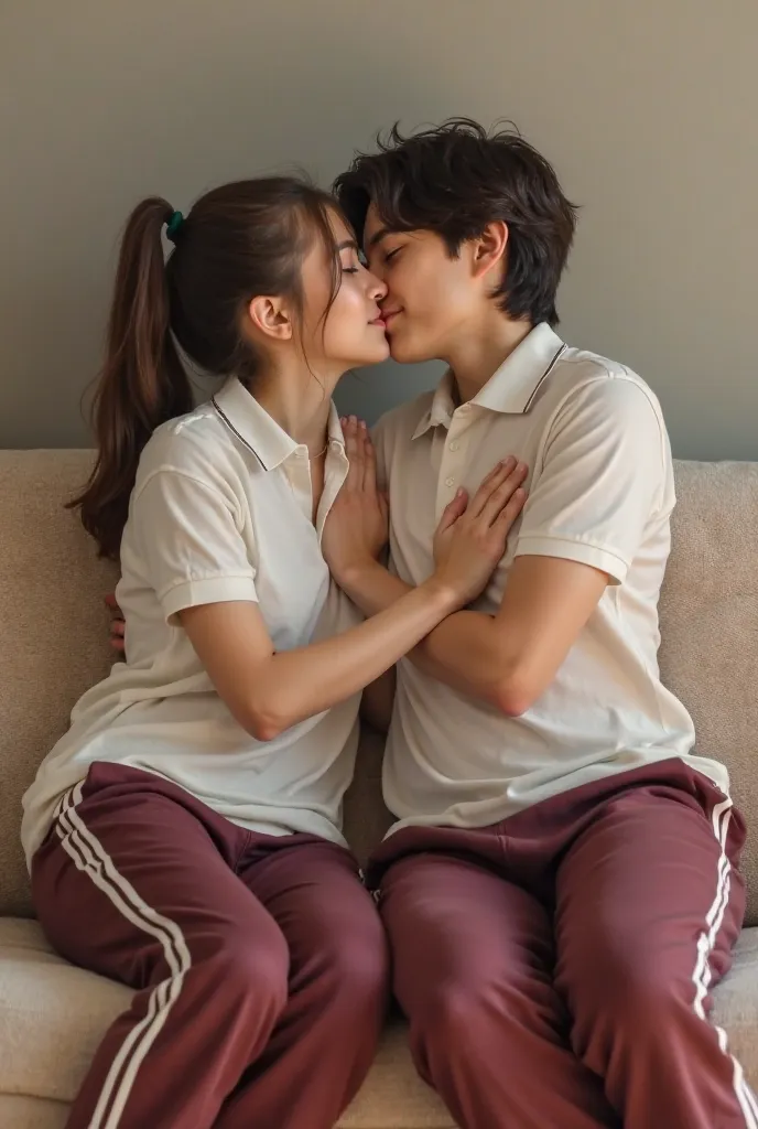 A boy in a white polo shirt and wine-colored sweatpants with white stripes kissing a girl in a white polo shirt and wine-colored sweatpants with white stripes sitting on a sofa 