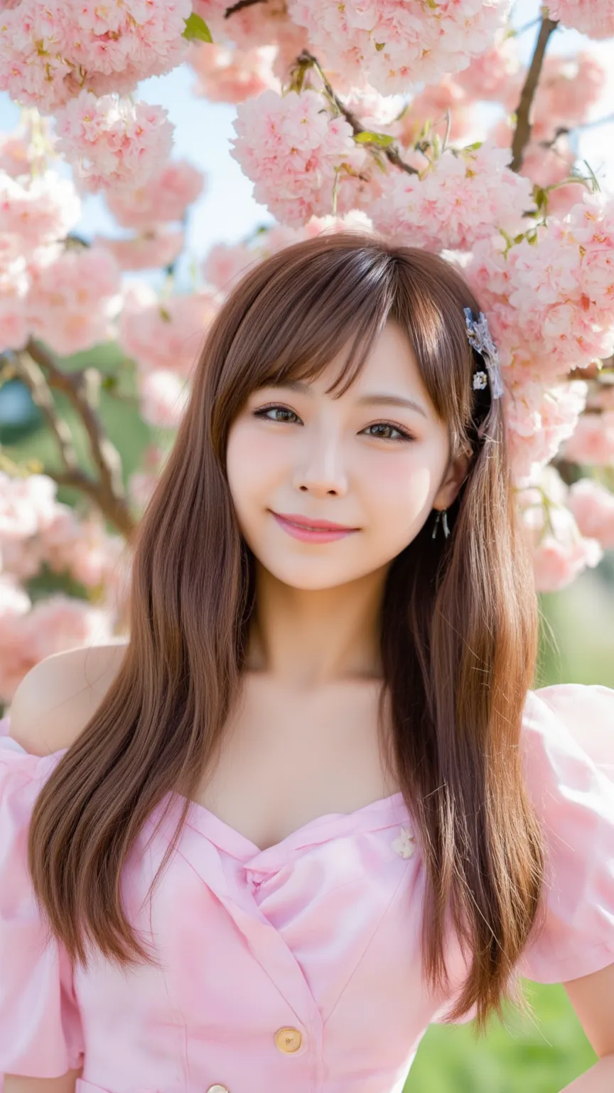 (realistic、as shown in the picture、live-action、8k, Photorealistic)、( cherry blossoms in full bloom:1.3)、(Fitted Off-the-Shoulder Passionate Pink Dress:1.4、clothes that fit the body、Big Breasts、(( pink inner colored hair :1.1))、 female 1 person、Japanese Gal...