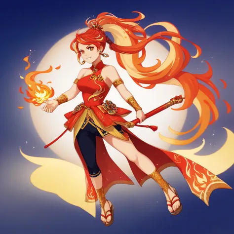 1girl, Long Hair, flame Ponytail, Topknot, Hair Between half Eyes, orange and red  fighting Chinese  gold dragon clothes socks and sandals  bracelets