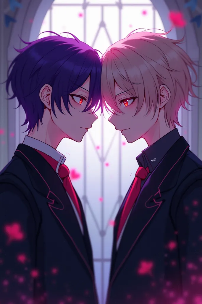 make two young vampire boys, Both have blond hair, but one has purple wicks and the other pink, Both are cute and Shota anime, and they are two vampire boys