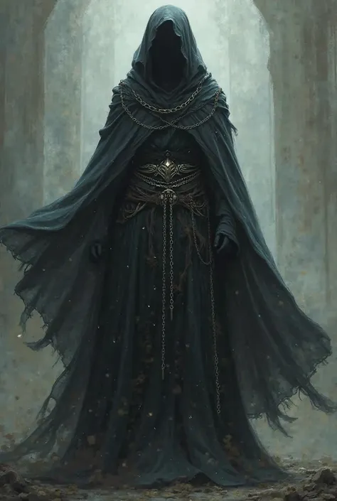 Goddess with dark cloak surrounded by chains around her waist facing various angles