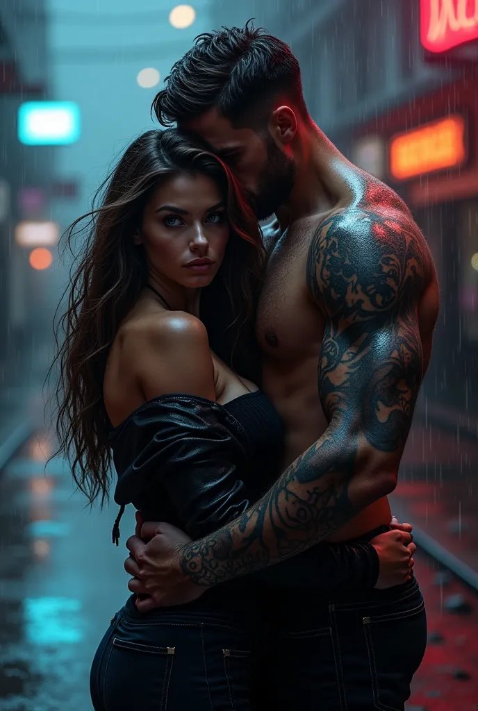 
"Cover of a dark romance novel with a dark and rainy background. in the center, a woman with brown hair and blue eyes stands, with an expression of uncertainty and desire. Wear a tight jacket. behind her, a tall and mysterious man embraces her in the back...