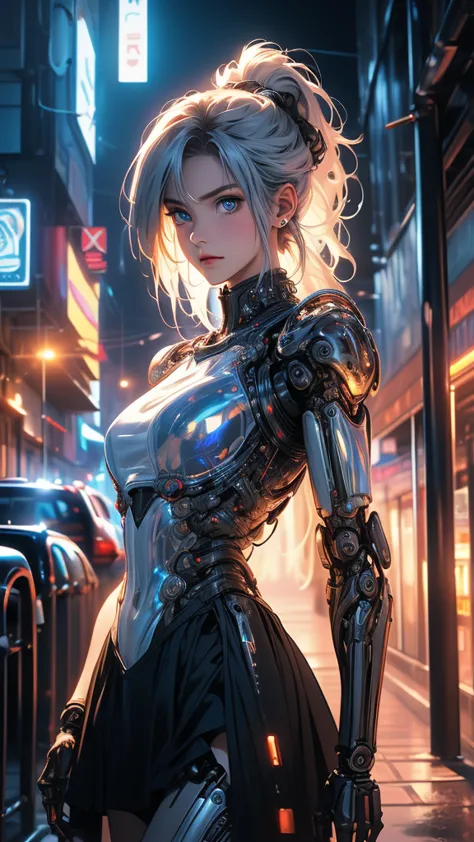 ((A half-mechanical girl with a human torso and translucent mechanical limbs)),
((Her limbs are translucent and revealing the internal electronic circuitry)),
Sleeveless jacket and frilly skirt,
Bright blue eyes,
Long ponytail hair,
Post-apocalyptic city b...