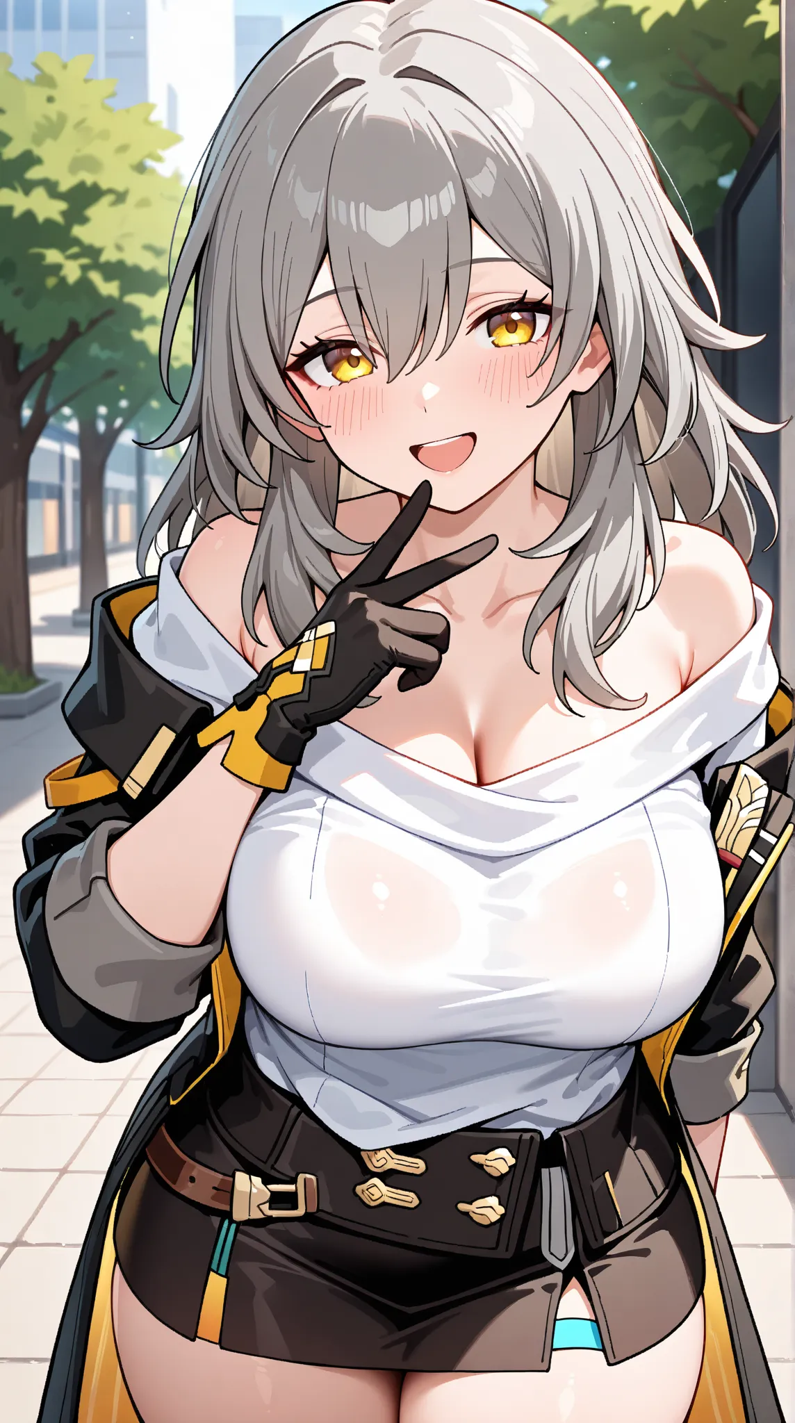 
stelle (honkai: star rail), trailblazer (honkai: star rail), 1girl, solo, long hair, looking at viewer, blush, gloves, hair between eyes,  large breasts,thick thighs, collarbone, white shirt, yellow eyes, grey hair, cowboy shot, outdoors,open clothes, med...