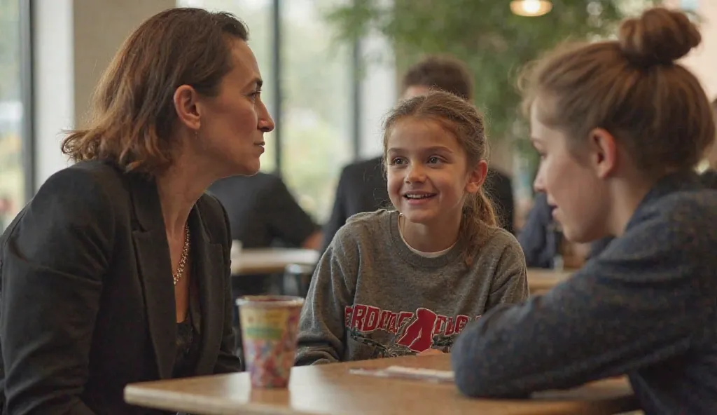 An elegant woman sits tensely in a cafeteria, watching a seven-year-old boy wearing a Portland Trail Blazers sweatshirt enthusiastically greet a middle-aged man, while a slender woman with reddish brown hair tied in a bun watches the scene with a cautious ...