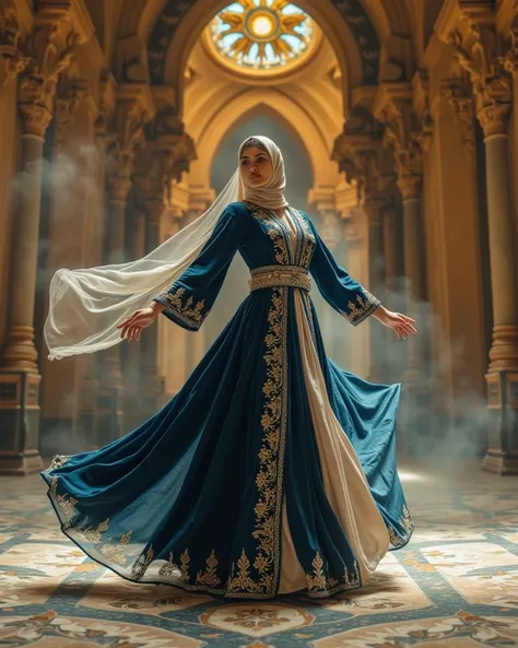 Award-winning hyper-realistic masterpiece in Don Lawrence’s style: A modest Chechen Lezginka Dancer mid-twirl in a Majestic Hall, clad in a full-coverage traditional costume honoring Islamic modesty. Floor-length navy-blue velvet dress with high neckline a...