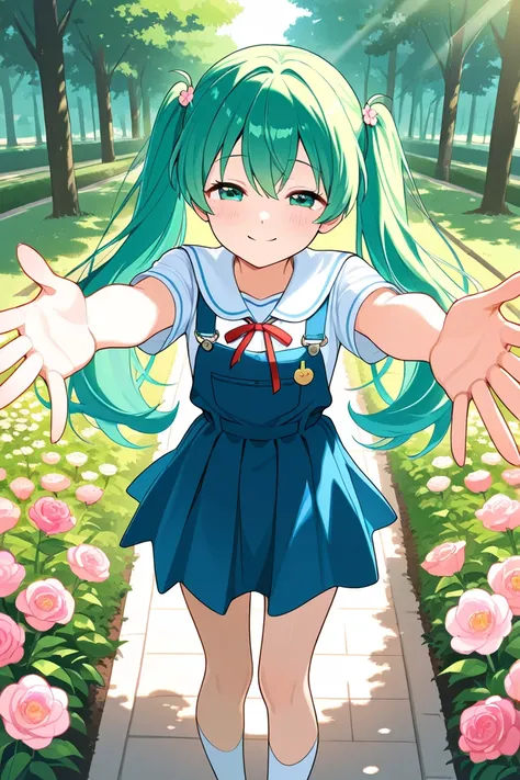 test,school uniform,smile,+++fullbody+++,twintails,blue hair,park,hug