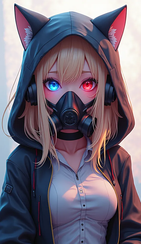 
 a girl,high resolution, long hair, blond hair, Bangs,  Cat-ear headphones , right eye blue,  left eye red , mouth shut, hood, 3D rendering,  Simple background ,  gas mask,big breasts,  animated,