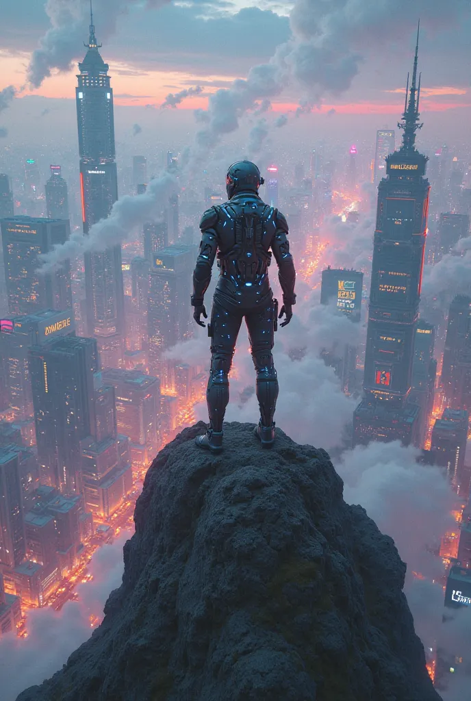 Cyberpunk hero on top of mountain 