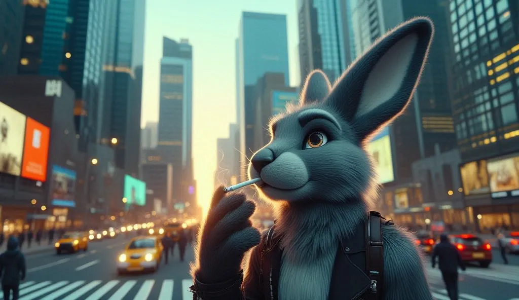 Gray rabbit smoking City

