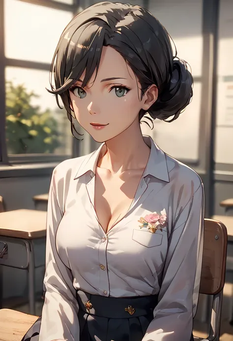 mrs yukinoshita,black hair,hair bun,1cute girl,medium breasts,Facing forward,See chest,Shows:pubis,Spreads legs,Classroom,masterpiece, best quality, very aesthetic, absurdres