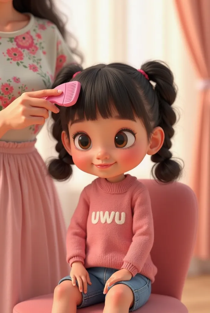 "A close-up shot of Uwu, a  adorable girl, sitting on a vanity chair while her mother (Bunda) gently combs her front bangs with a pink brush. Uwu's dark hair is neatly braided into two pigtail braids, one on each side. She wears her usual pink sweater with...