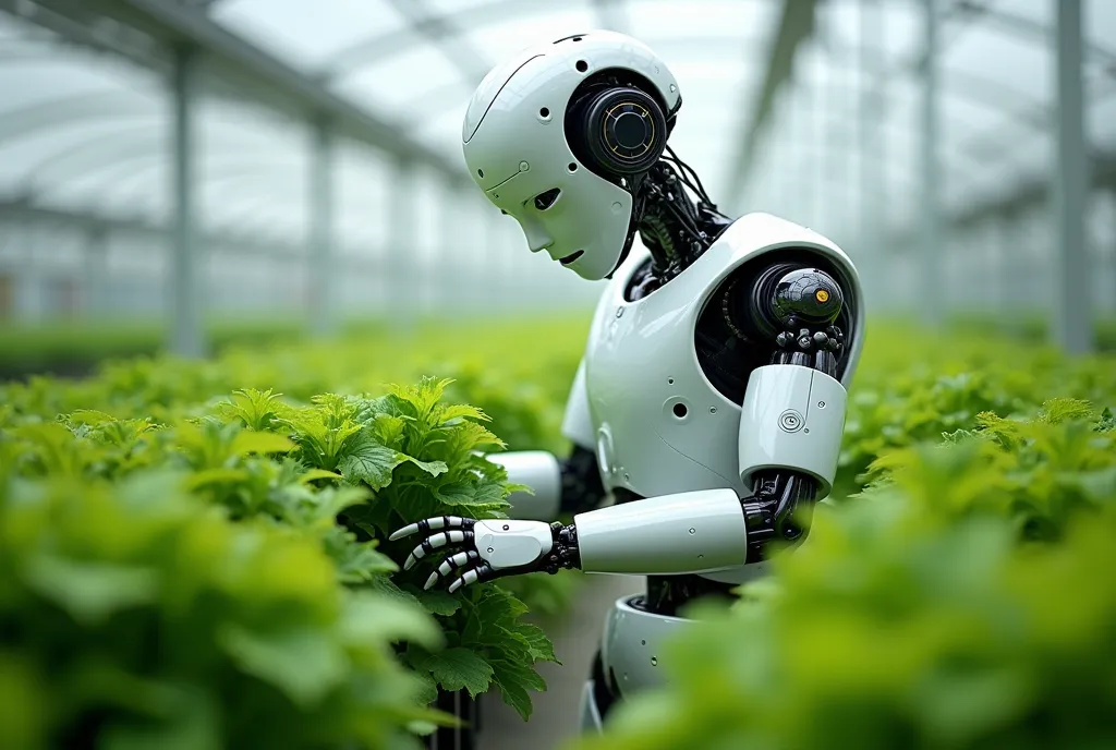 Realistic photography of robo planting green plants 