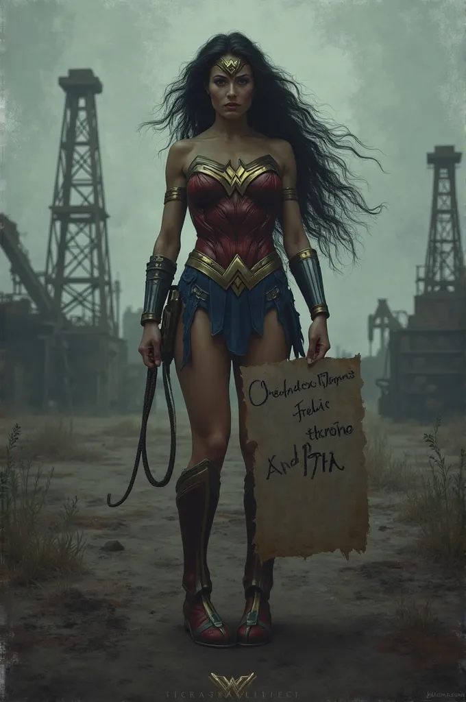 Beautiful wonder woman in a gloomy oil field in her hands is a broken paper with letters