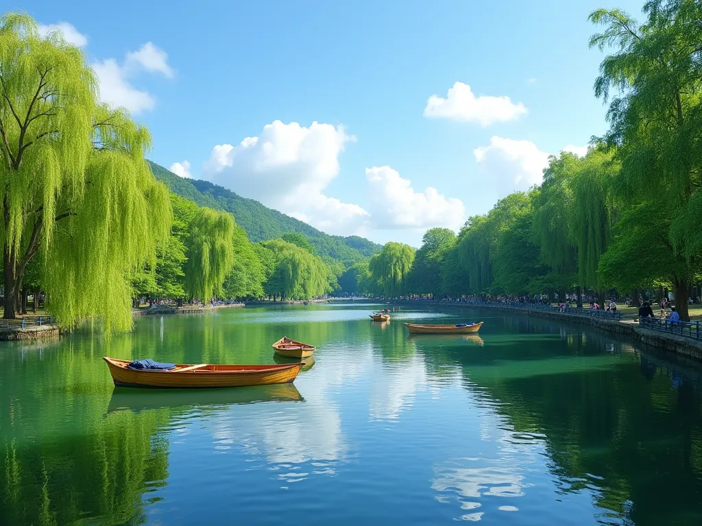 A tranquil freshwater lake surrounded by lush trees, reflecting the bright blue sky. Small wooden boats gently float on the water, while visitors enjoy the peaceful atmosphere on the shaded walking paths nearby