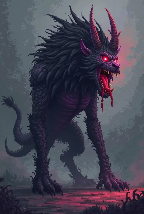 A terrifying chimera in pixel art style, with a dark, misty body, as if it were made of living shadows. Its shape is a fusion of several beasts, with a menacing and sinister appearance. It has three heads: a lion's head with a thick black mane, bright red ...