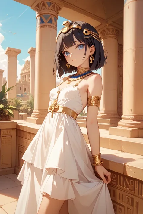  1girl , dark hair,  girl,is young,small breasts, gold hair ornament ,  gold earrings, solo,  gold bracelet, white dress,  Egypt, blue eyes, Outdoors,viewers,masterpiece, highest quality, very aesthetic, Ultra High Resolution    