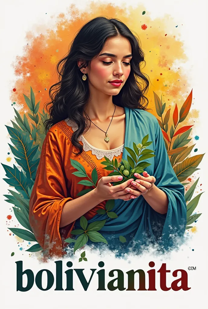 a logo, of a woman holding bay leaves in her hand,  colorful background.  With some letters that say BOLIVIANITA