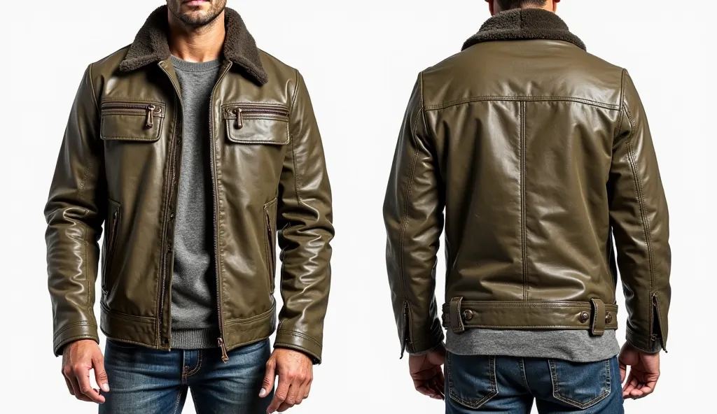 product photo, front and back view, men's leather aviator jacket, rustic green color, zip closure, amazon product, white background