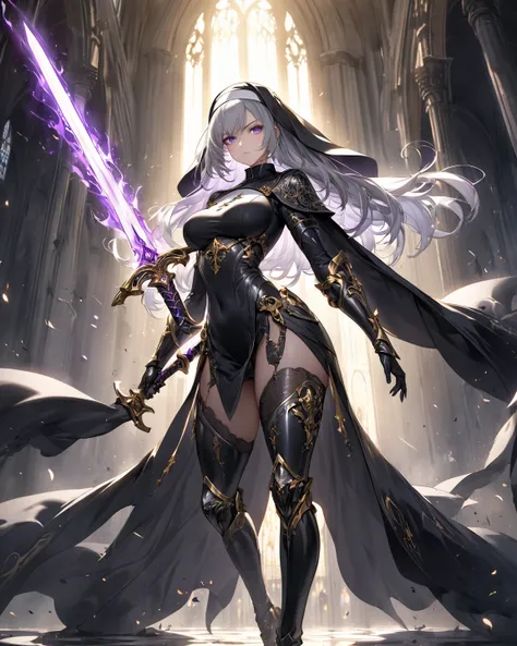 A fierce anime-style nun with silver-gray hair and intense purple eyes stands tall, gripping a glowing holy sword. She wears a black armored bodysuit with gold accents, thigh-high boots, and a long flowing cape. Her nun’s veil billows behind her as she fac...