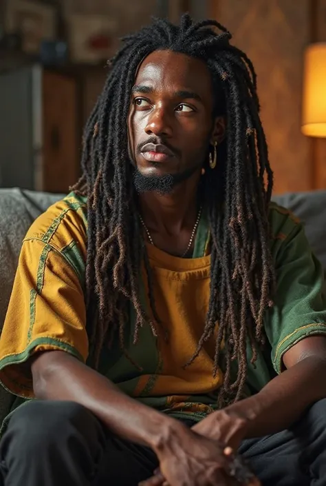 there is a man with dreadlocks sitting on a couch, inspired by Ras Akyem, 20 years old man, mohamed chahin, emmanuel shiru, 2 , 2 , around 1 , 3 , 2 , alphonse musha, about 3