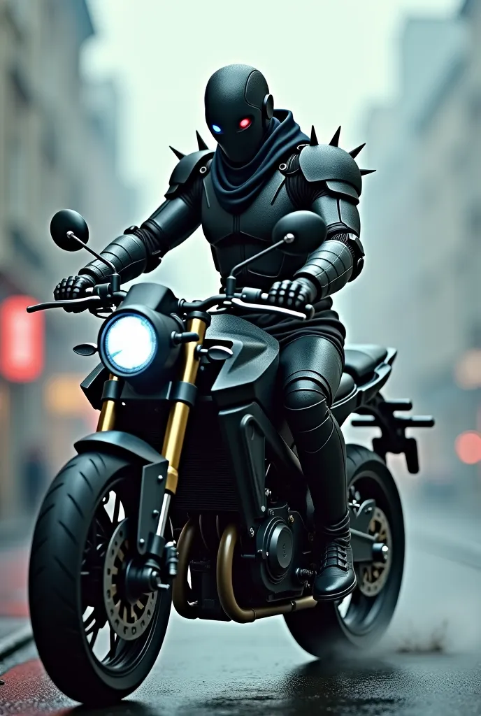 A mechanical gunman on a black, spiky bike（Cyborg）Hat pulled down low　The left eye is red、The right one glows blue　Turning his back, he aims a gun at us　A sea of cyborg s around him　Bullet holes on the screen