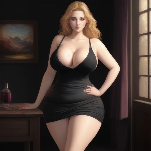 Three-quarter view in an alluring pose, a beautiful maiden, pale skin, blonde hair, ((saggy boobs)), cellulite, plump thighs, wide hips, flabby buttocks, narrow waist, (((matronly))), (wearing a flirty dress), oil painting, natural texture blending for rea...