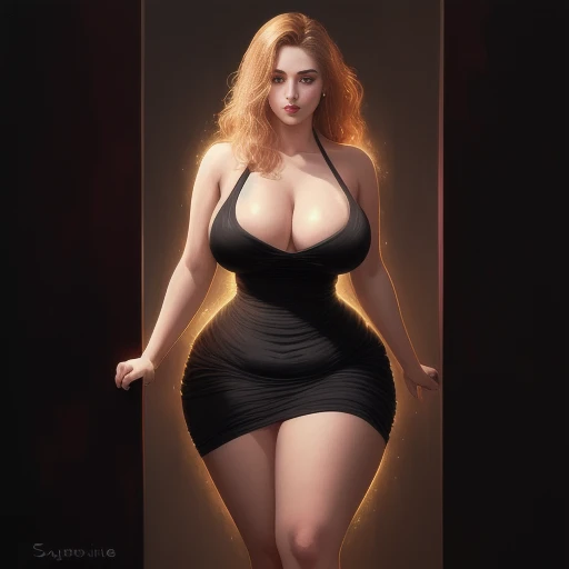 Three-quarter view in an alluring pose, a beautiful maiden, pale skin, blonde hair, ((saggy boobs)), cellulite, plump thighs, wide hips, flabby buttocks, narrow waist, (((matronly))), (wearing a flirty dress), oil painting, natural texture blending for rea...