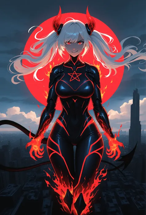 A defiant demoness, poised in a futuristic cityscape, radiant in a black, armored bodysuit adorned with a prominent red pentagram. Her icy white hair cascades around her shoulders, framing a face of intense determination. Large, burning red eyes, a sneerin...