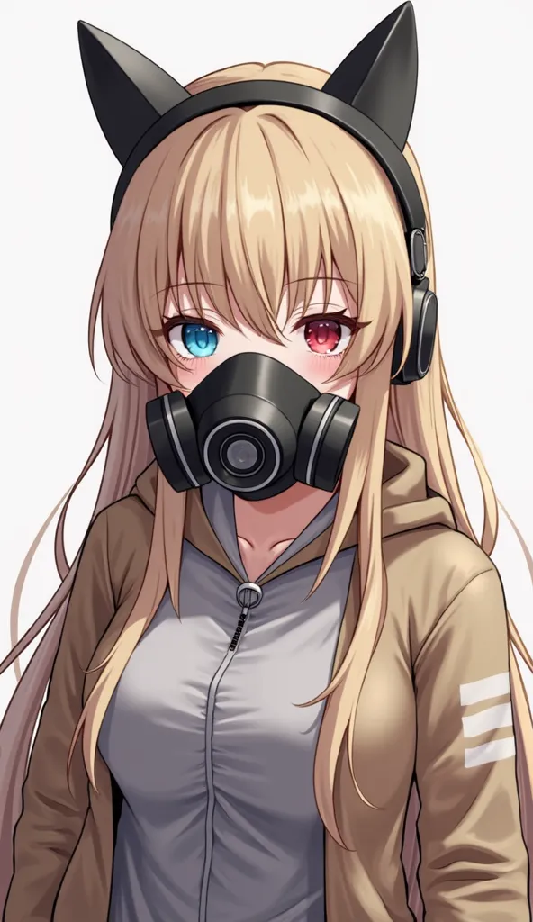 
 a girl,high resolution, long hair, blond hair, Bangs,  Cat-ear headphones , right eye blue,  left eye red , mouth shut, hood, 3D rendering,  Simple background ,  gas mask,big breasts,  animated, full body