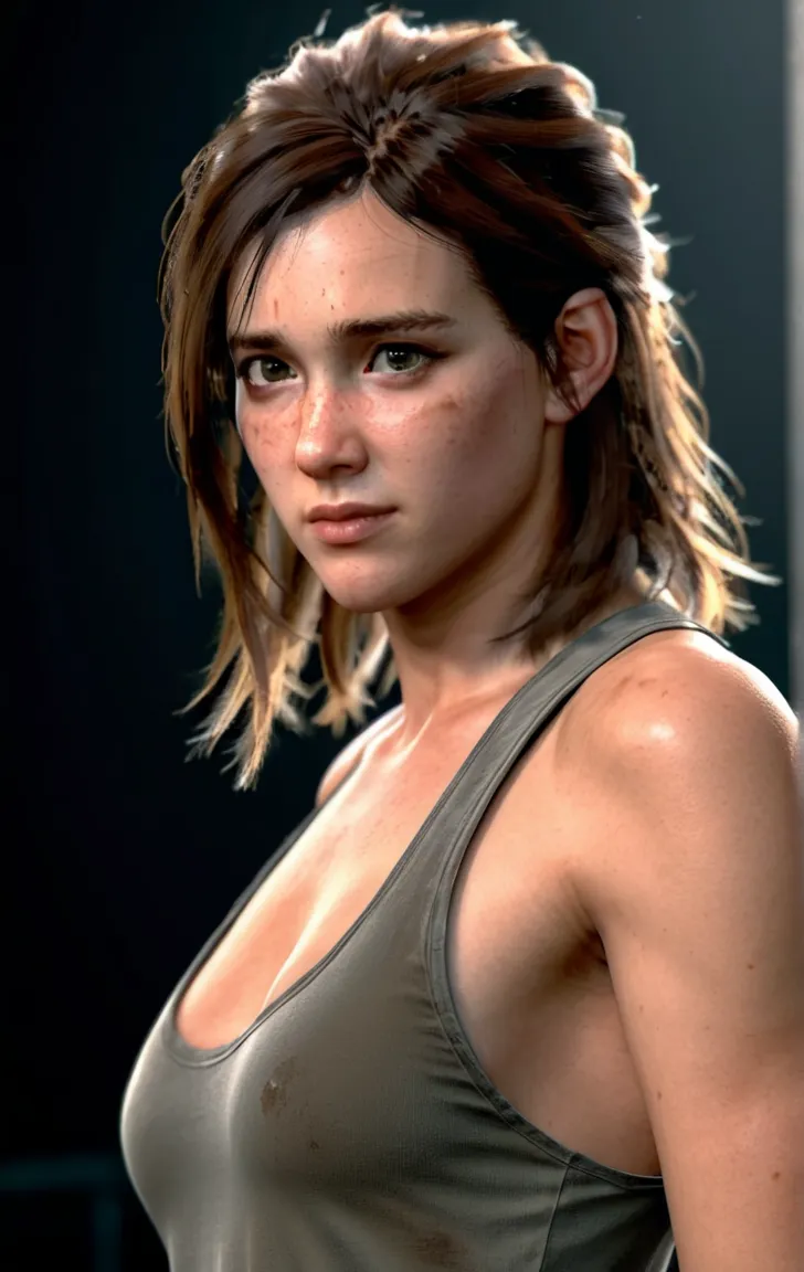 photo of ohxw, ellie, woman,close up ,long length hair, face details, low key lighting. Sexy face.  Standing up. Sly smile. Hand stroking her hair. Sexy pose. Messy hair. Dressed up like an boxer 