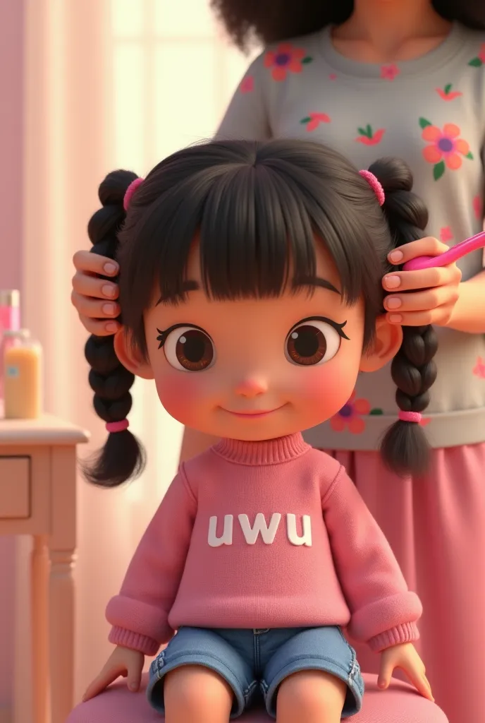 "A close-up shot of Uwu, a  adorable girl, sitting on a vanity chair while her mother (Bunda) gently combs her front bangs with a pink brush. Uwu's dark hair is neatly braided into two pigtail braids, one on each side. She wears her usual pink sweater with...