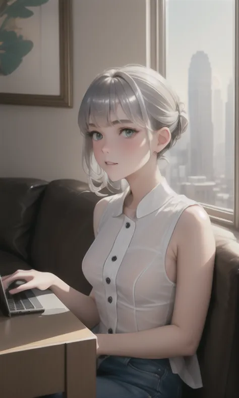 beautiful young mother, (silver up chignon), (small bust:1.2), sleeveless shirt, using laptop on sofa, in a warm cosy room,  tight Knickers,  glow lamp, skyscrapers , sharp focus, photorealistic,NSFW, 2D art style,  bold outline, minimalist, line art, high...