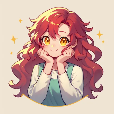 ((Highest Quality))), (Simple background), Solo, 1girl, Yellow Eyes, Long Red Hair, Long Wavy Hair, Cute and Happy Face.