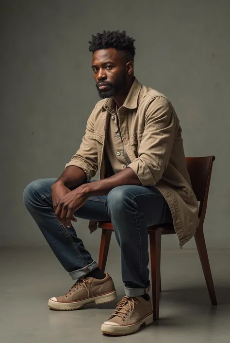 un homme africain assis, habillé en tenue  americain . Il adopte une posture réfléchie, avec son index posé sur sa tempe et son regard sérieux dirigé vers l’objectif. Son autre main repose sur sa jambe. Son attitude et son expression suggèrent la concentra...